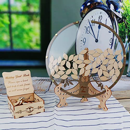 Tree with Leaves Wedding Guest Book Alternative with Box and Small Leafs,Personalized Drop Round Wedding Guest Book for Rustic Wedding Decorations and Anniversary