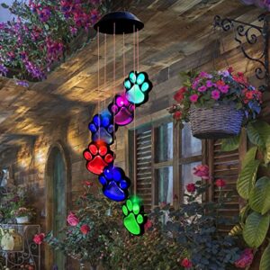 paw print solar wind chimes for outside, dogs cat pet pawprint remembrance wind chimes,waterproof color changing solar hanging lights,sympathy gift for pet lover,balcony,patio,yard decor