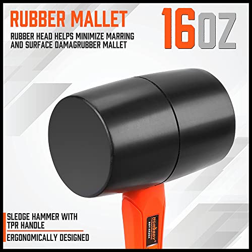 HORUSDY 16 oz Rubber Mallet Hammer, Fiberglass Rubber Mallet Handle (16oz Rubber Mallet)