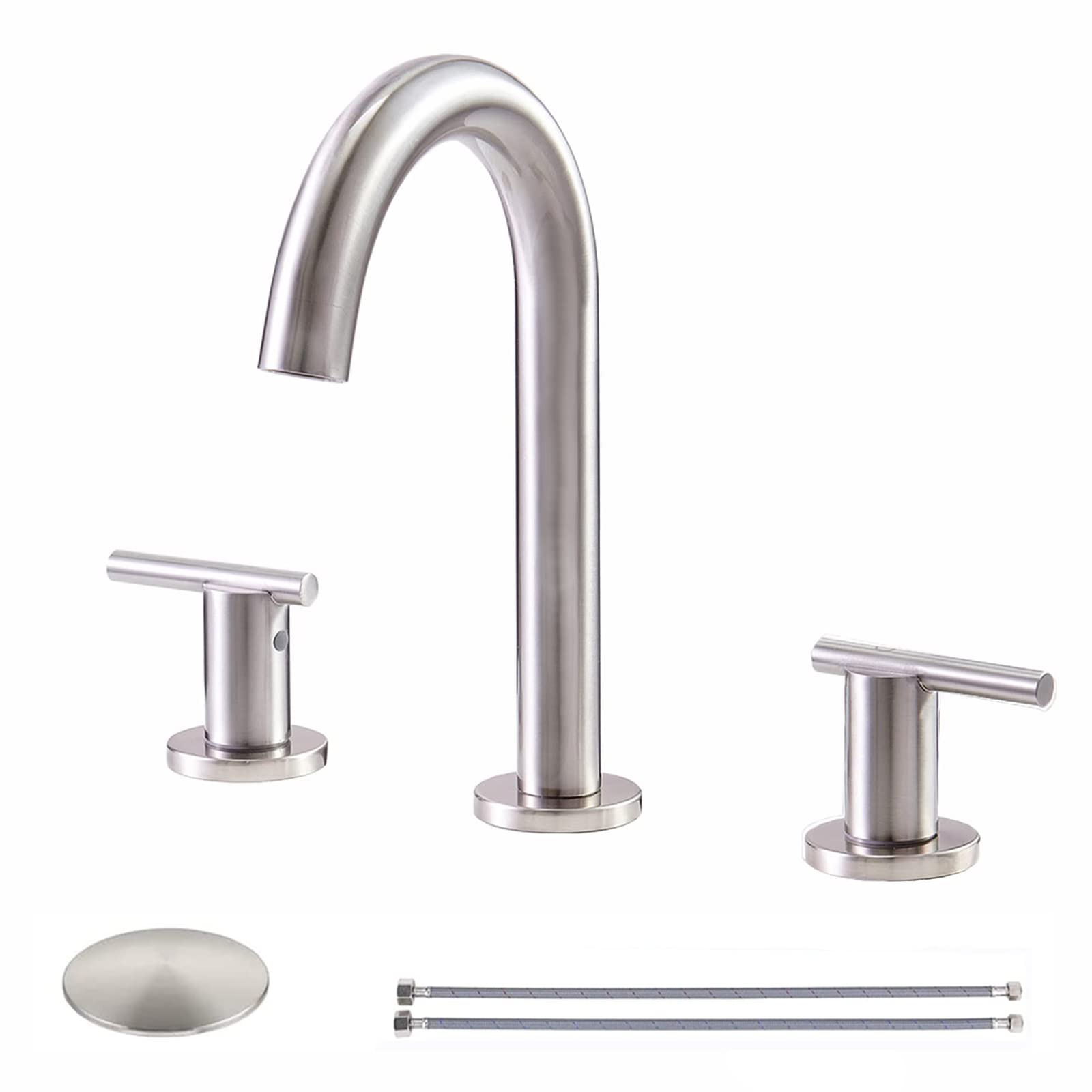 VAPSINT 3 Hole Brushed Nickel Widespread Bathroom Faucet,Modern 2 Handle Bathroom Sink Faucet 8 inch Vanity Faucet with Pop Up Drain and Supply Lines