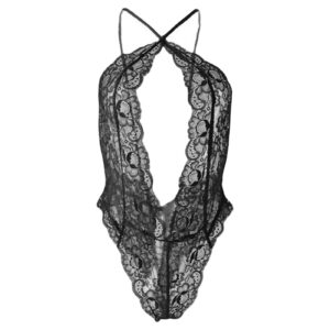maiyifu-gj deep v floral lace lingerie for women one piece sexy halter babydoll negligee see through backless teddy bodysuit (black,4x-large)
