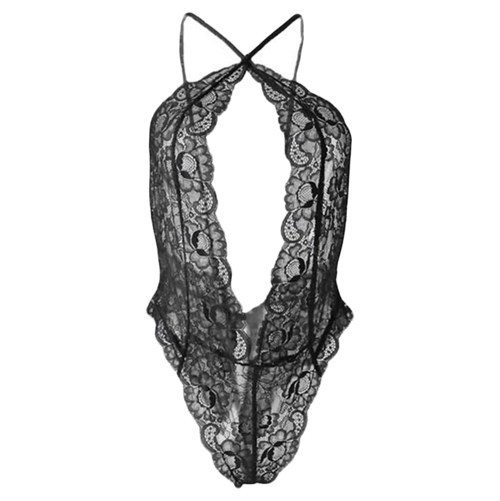 Maiyifu-GJ Deep V Floral Lace Lingerie for Women One Piece Sexy Halter Babydoll Negligee See Through Backless Teddy Bodysuit (Black,4X-Large)