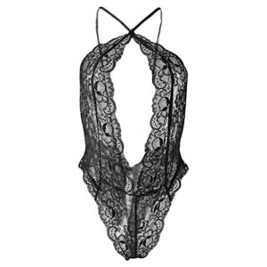 maiyifu-gj womens deep v floral lace bodysuit one piece sexy halter babydoll negligee see through backless teddy lingerie (black,3x-large)