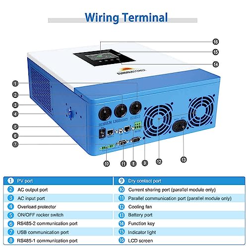 SUNGOLDPOWER 5000W 48 Volt Hybrid Solar Inverter Pure Sine Wave, 120Vac AC Input,120Vac AC Output, 100A MPPT Solar Charger and 40A AC Battery Charger (Parallel&Grid Feedback&Batteryless)