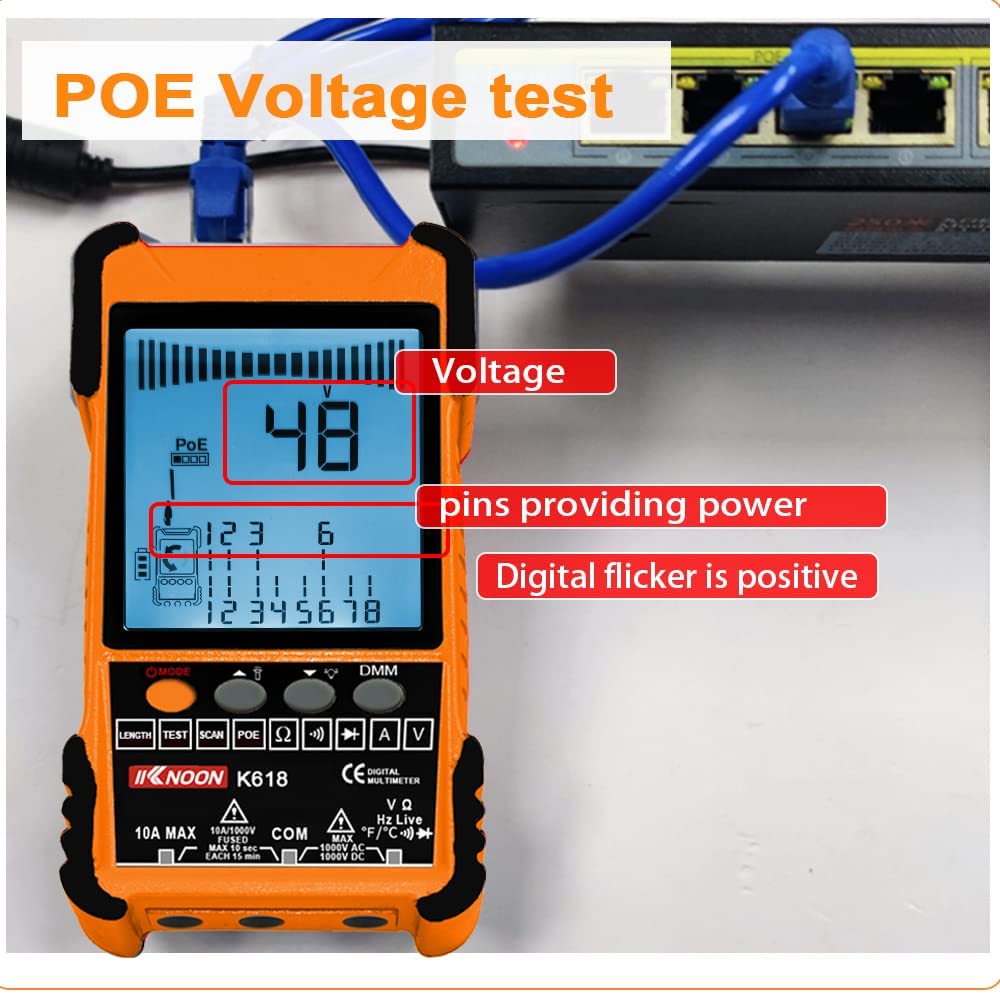 KKnoon Network Cable Tester - Multifunction Network Cable Tester for CAT5/CAT6,Ethernet Cable Tester with Multimeter,Poe Circuit Tester,Test Fault Distance Location and Length Measurement