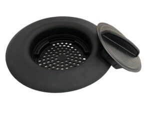 flex strainer kitchen sink strainer with drain stopper plug, 2n1, basket replacement for 3-1/2” drains, 5-1/4” diameter, usa made black single