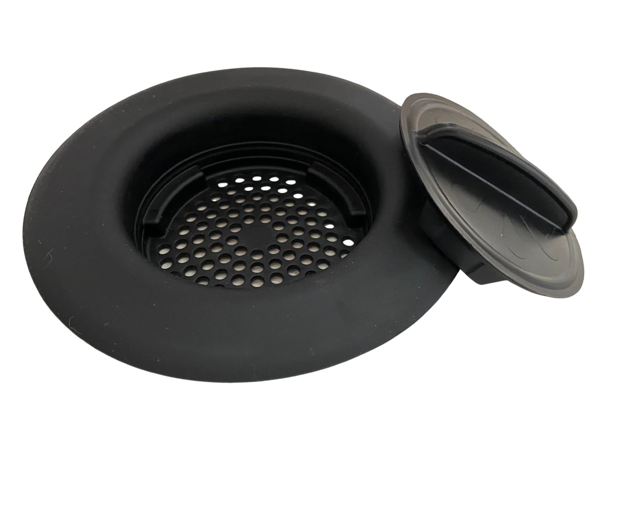 Flex Strainer Kitchen Sink Strainer with Drain Stopper Plug, 2N1, Basket Replacement for 3-1/2” drains, 5-1/4” Diameter, USA Made Black Single