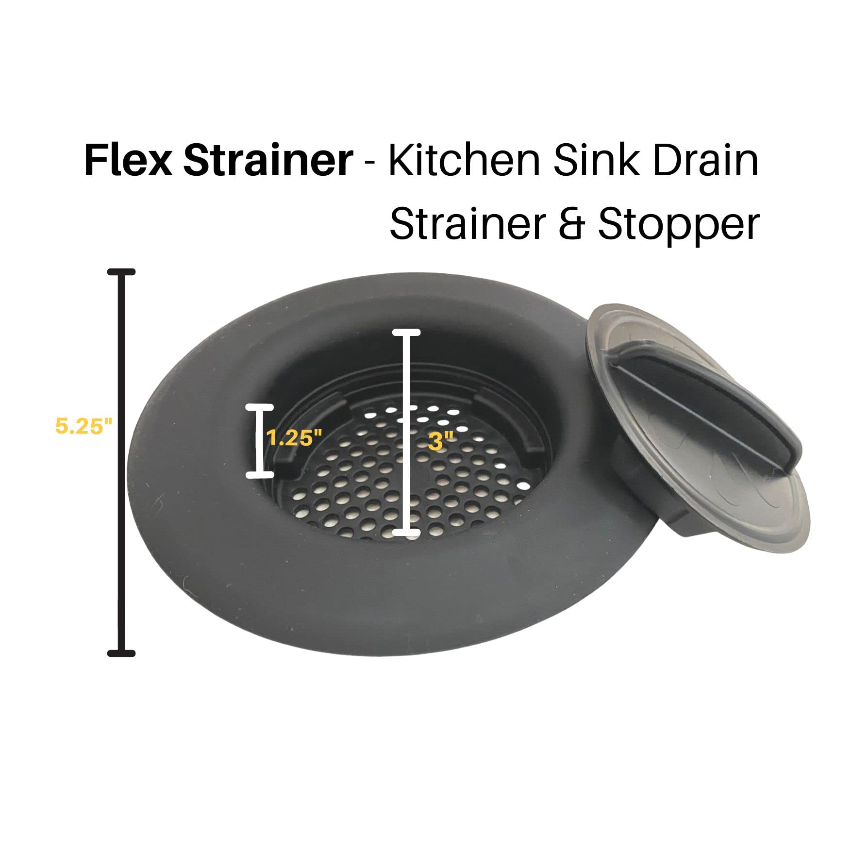 Flex Strainer Kitchen Sink Strainer with Drain Stopper Plug, 2N1, Basket Replacement for 3-1/2” drains, 5-1/4” Diameter, USA Made Black Single