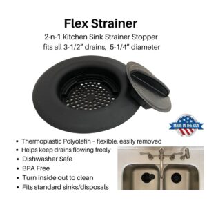 Flex Strainer Kitchen Sink Strainer with Drain Stopper Plug, 2N1, Basket Replacement for 3-1/2” drains, 5-1/4” Diameter, USA Made Black Single