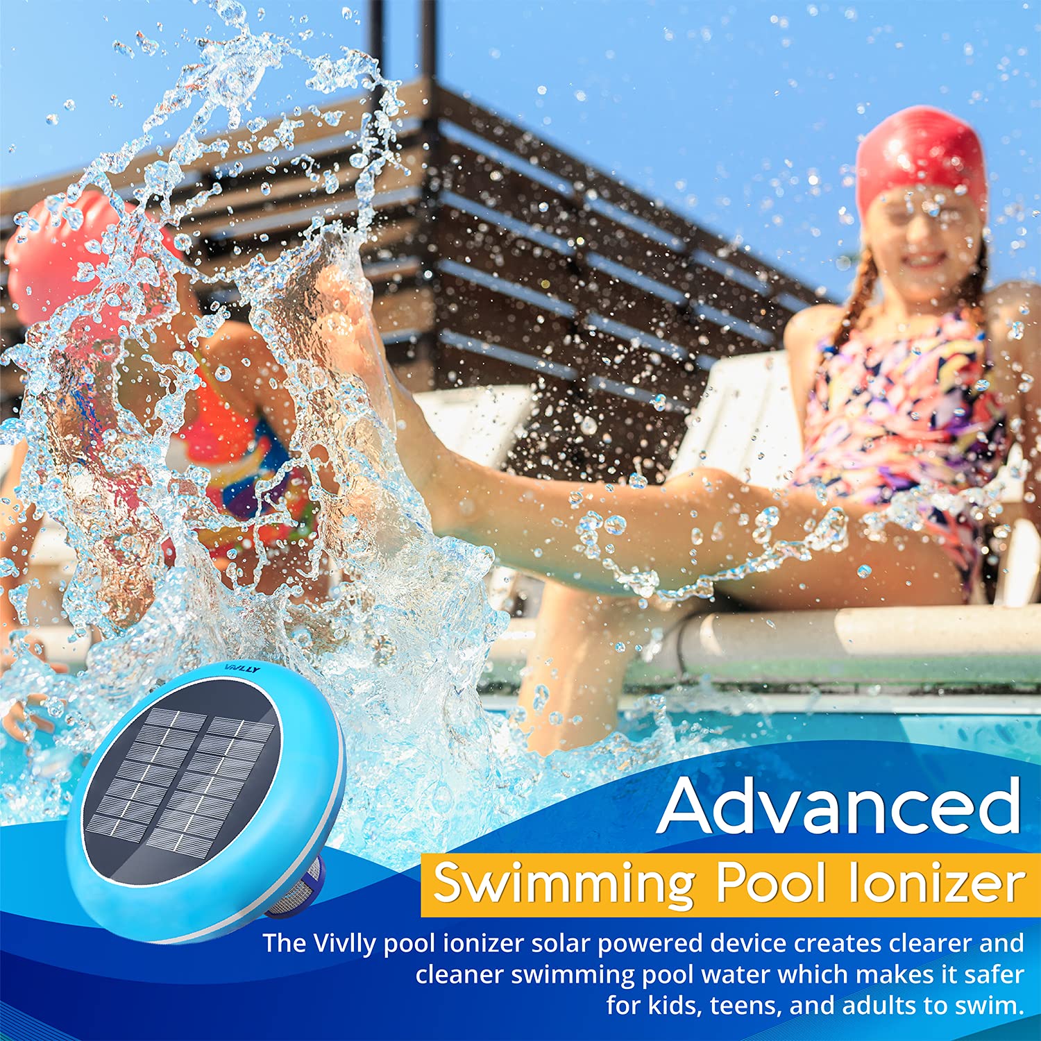 Vivlly Solar Pool Ionizer, Cleaner, and Purifier Restores Clear, Chlorine-Free Water, Long Lasting Anode for 35,000 Gallons, Natural Shock for Swimming Areas, Smart Replacement