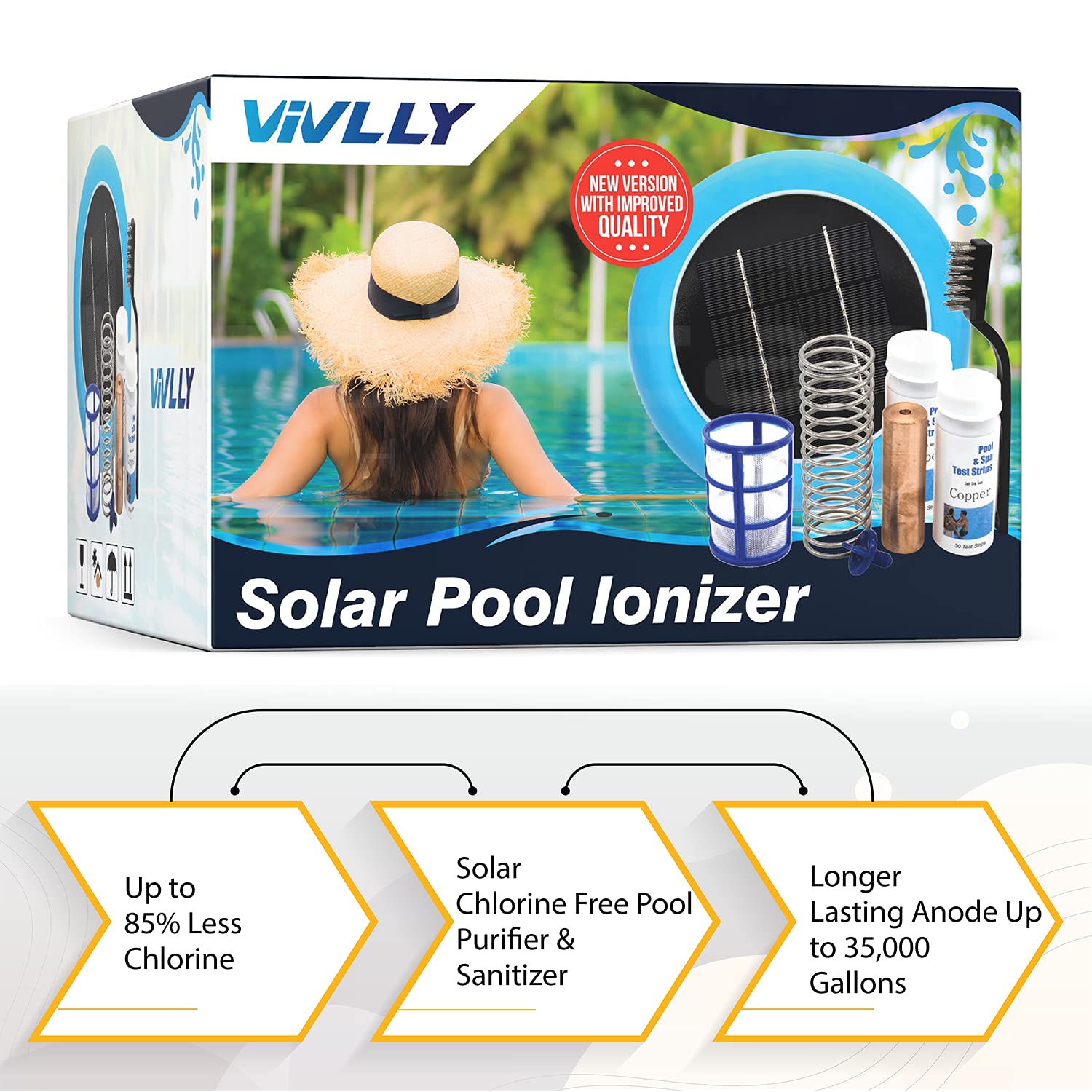 Vivlly Solar Pool Ionizer, Cleaner, and Purifier Restores Clear, Chlorine-Free Water, Long Lasting Anode for 35,000 Gallons, Natural Shock for Swimming Areas, Smart Replacement