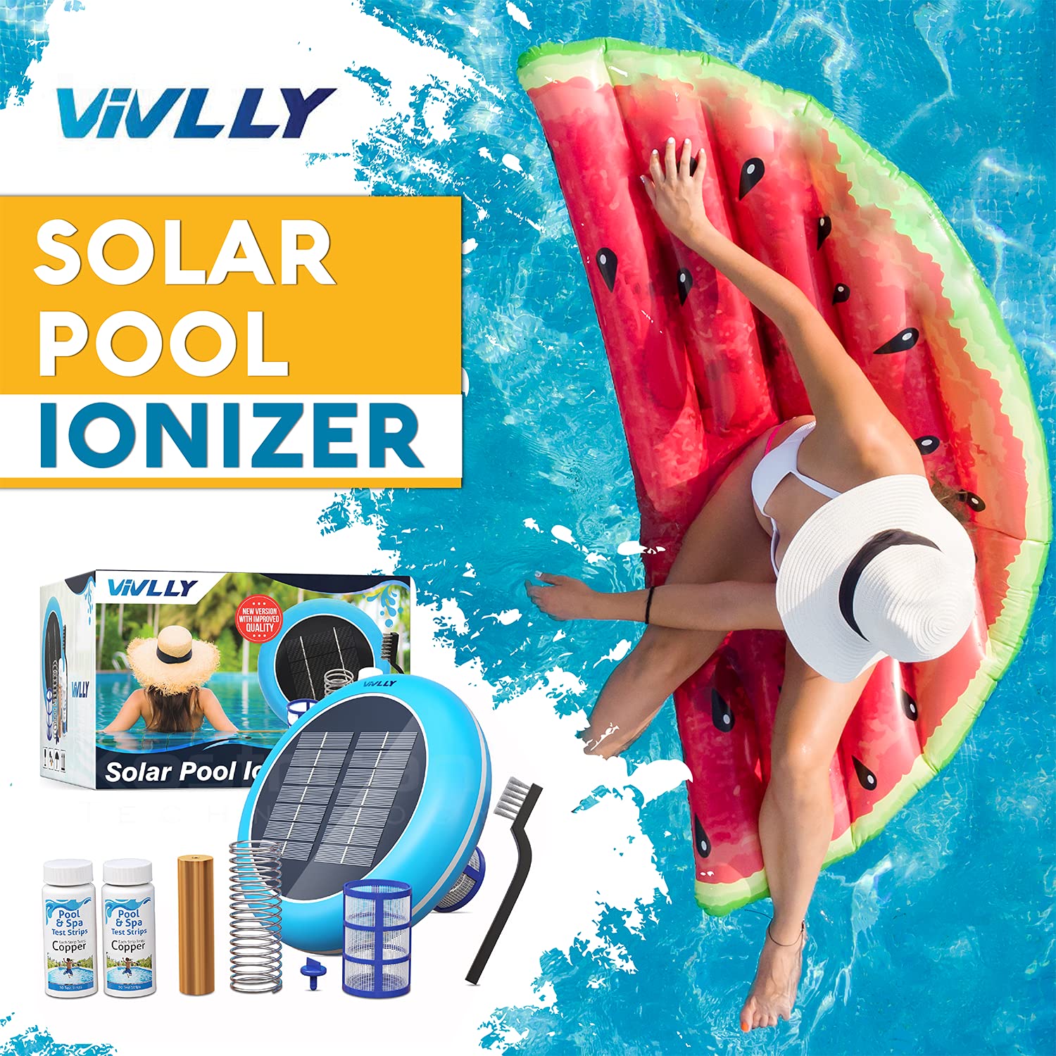 Vivlly Solar Pool Ionizer, Cleaner, and Purifier Restores Clear, Chlorine-Free Water, Long Lasting Anode for 35,000 Gallons, Natural Shock for Swimming Areas, Smart Replacement