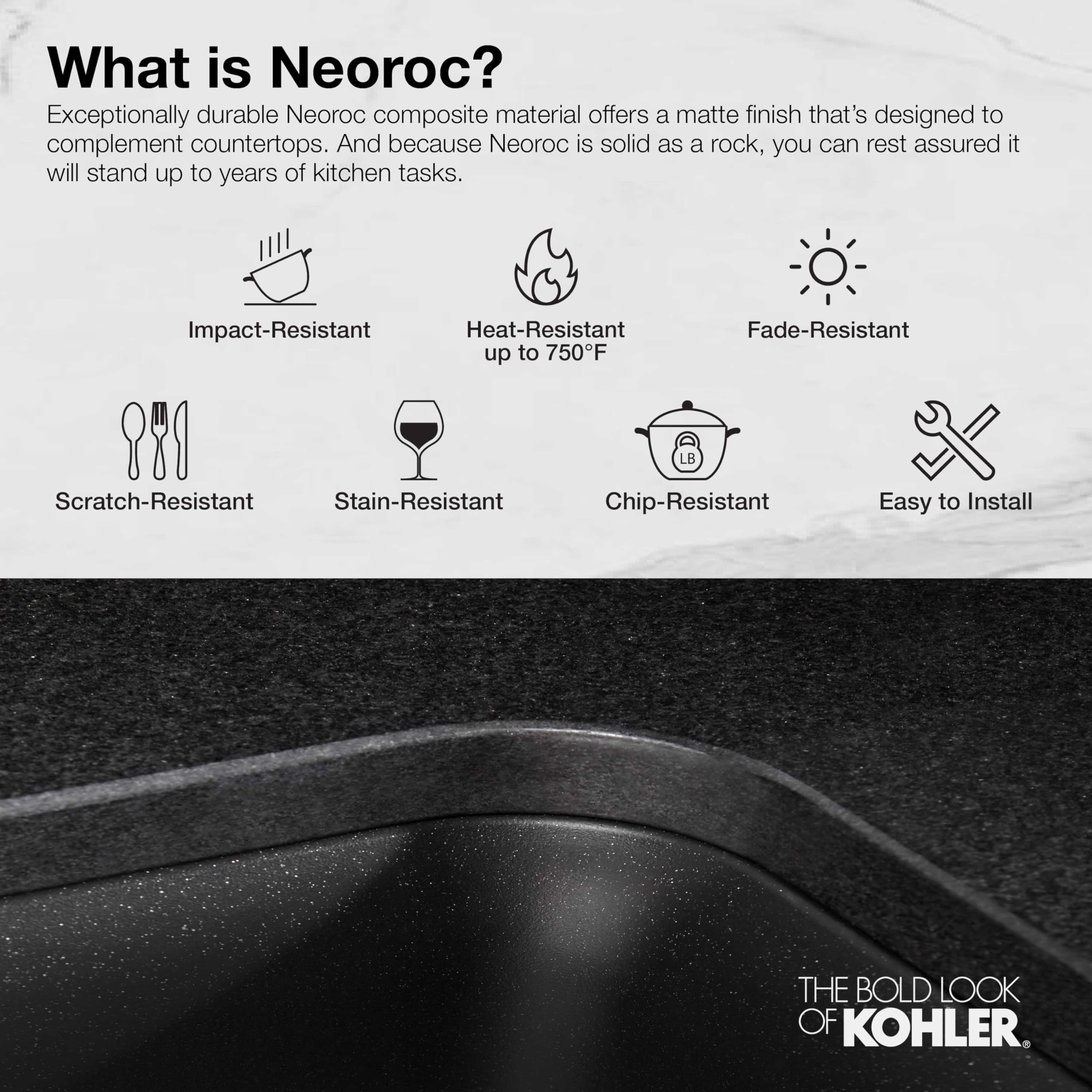 KOHLER 8437-1-CM4 Kennon 33" Undermount or Drop In Kitchen Sink, Single Basin Neoroc Composite Kitchen Sink, Includes Bottom Sink-Rack, Matte Grey