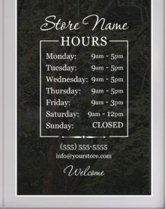 store company business hours fully custom personalized glass door window storefront professional sign decal stencil