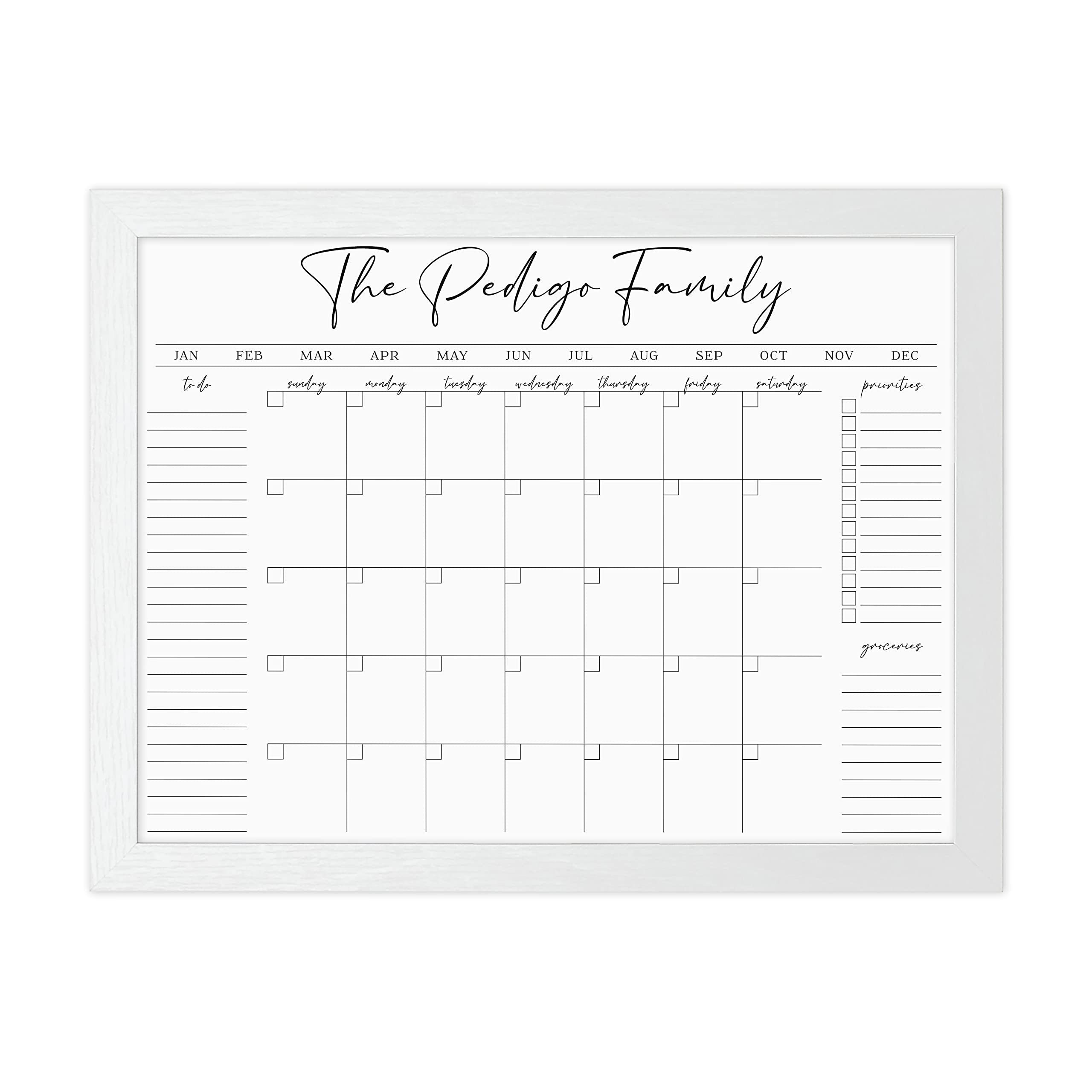 Personalized Dry Erase Wall Calendar with Custom To do list and Notes Organization Sections | Large Whiteboard Calendar (24" W x 18" H, White-Washed Frame)