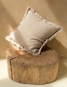 5f balcony decorative boho linen throw pillow cover with handmade fringes - neutral beige pillow cover 18 × 18, soft solid square cushion cover for couch bed patio outdoor