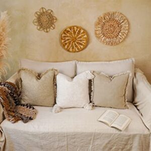 5F Balcony Decorative Boho Linen Throw Pillow Cover with Handmade Fringes - Neutral Beige Pillow Cover 18 × 18, Soft Solid Square Cushion Cover for Couch Bed Patio Outdoor