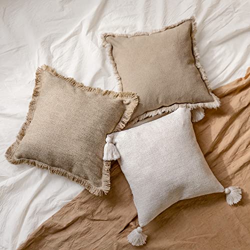 5F Balcony Decorative Boho Linen Throw Pillow Cover with Handmade Fringes - Neutral Beige Pillow Cover 18 × 18, Soft Solid Square Cushion Cover for Couch Bed Patio Outdoor