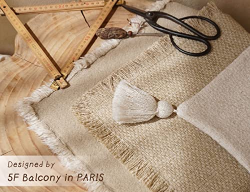 5F Balcony Decorative Boho Linen Throw Pillow Cover with Handmade Fringes - Neutral Beige Pillow Cover 18 × 18, Soft Solid Square Cushion Cover for Couch Bed Patio Outdoor