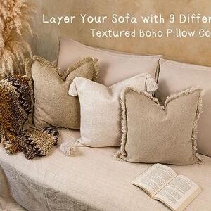 5F Balcony Decorative Boho Linen Throw Pillow Cover with Handmade Fringes - Neutral Beige Pillow Cover 18 × 18, Soft Solid Square Cushion Cover for Couch Bed Patio Outdoor