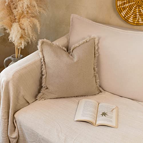 5F Balcony Decorative Boho Linen Throw Pillow Cover with Handmade Fringes - Neutral Beige Pillow Cover 18 × 18, Soft Solid Square Cushion Cover for Couch Bed Patio Outdoor