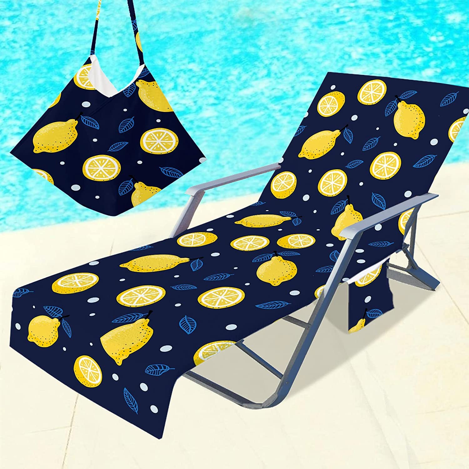 Lounge Chair Towel Covers, Lounge Chair Beach Towel Cover Microfiber Pool Sunbath Lounge Chair Cover,Outdoor Patio Chairs and Recliners Cover, Terry Cloth Chaise Lounge Covers with Side Pockets (Lounge Chair Cover(Lemon))