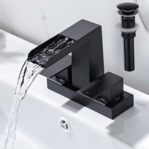hamoler 4 inch centerset waterfall bathroom faucet 2 handle 3 hole basin faucet with pop up drain with overflow, vanity faucet matte black