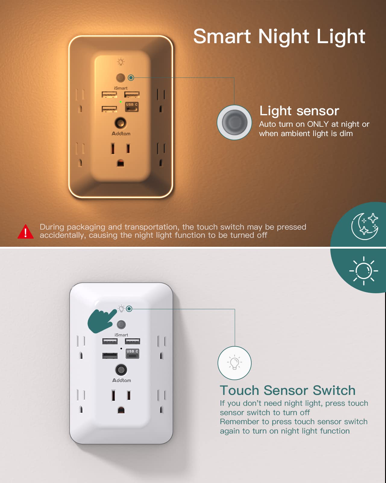 Surge Protector, Outlet Extender with Night Light, Addtam 5-Outlet Splitter and 4 USB Ports(1 USB C) and Power Strip Surge Protector 6 Outlets and 3 USB Ports, Wall Mount for Home, Office and Dorm