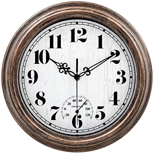 45MinST 12 Inch Indoor/Outdoor Retro Round Waterproof Wall Clock with Thermometer, Silent Non-Ticking Battery Operated Quality Quartz Wall Clock Home/Patio Decor(Bronze)