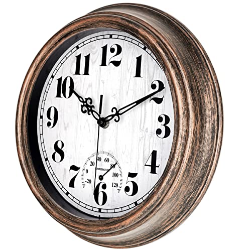 45MinST 12 Inch Indoor/Outdoor Retro Round Waterproof Wall Clock with Thermometer, Silent Non-Ticking Battery Operated Quality Quartz Wall Clock Home/Patio Decor(Bronze)