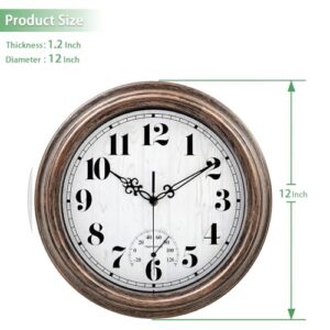 45MinST 12 Inch Indoor/Outdoor Retro Round Waterproof Wall Clock with Thermometer, Silent Non-Ticking Battery Operated Quality Quartz Wall Clock Home/Patio Decor(Bronze)