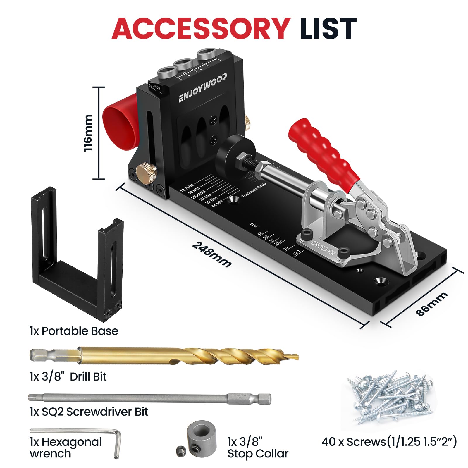 ENJOYWOOD Pocket Hole Jig System with Portable Base Adjustable Metal Pocket Screw Jig Professional Drill Guide Kit for Woodworking DIY Carpentry Projects XK4