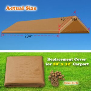 Strong Camel Carport Conopy Cover 12 x 20 Feet Replacement Tent Garage Outdoor Top Tarp Car Shelter with Ball Bungees Tan (with Edge, Frame Not Included)