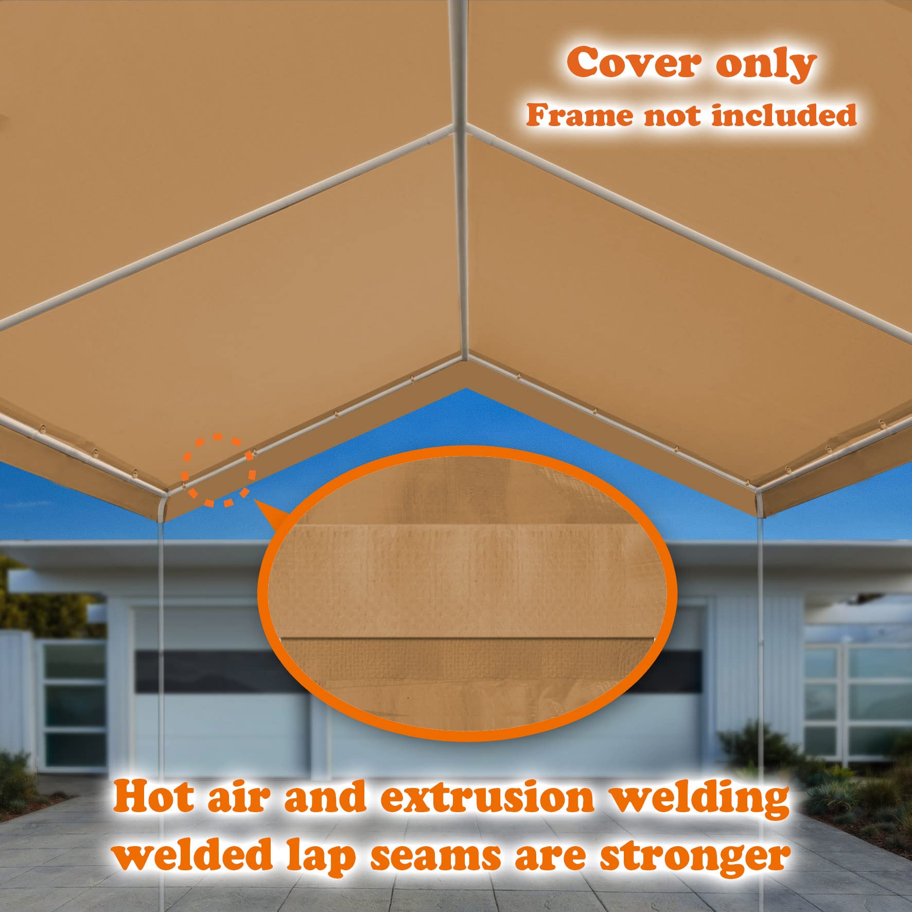 Strong Camel Carport Conopy Cover 12 x 20 Feet Replacement Tent Garage Outdoor Top Tarp Car Shelter with Ball Bungees Tan (with Edge, Frame Not Included)