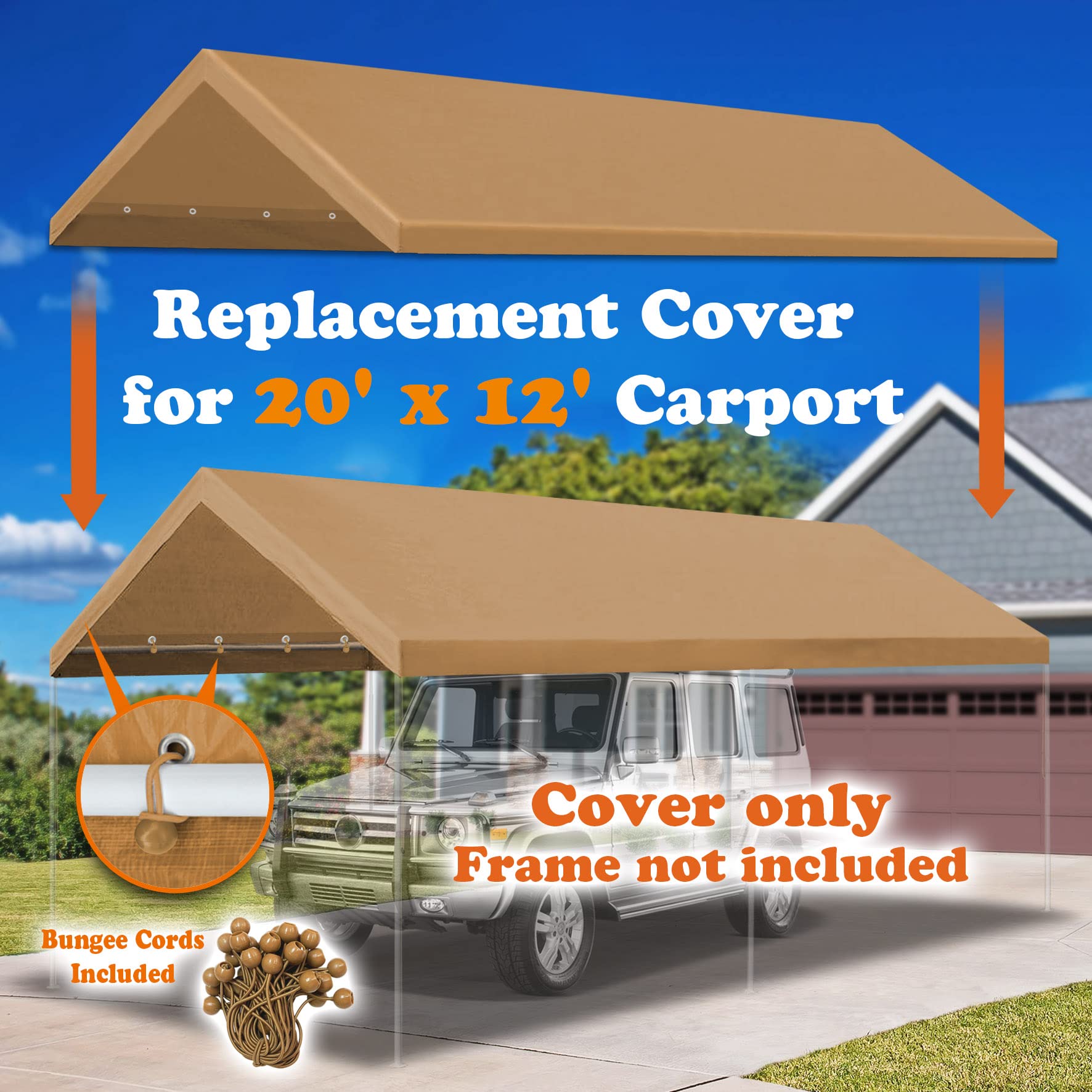 Strong Camel Carport Conopy Cover 12 x 20 Feet Replacement Tent Garage Outdoor Top Tarp Car Shelter with Ball Bungees Tan (with Edge, Frame Not Included)