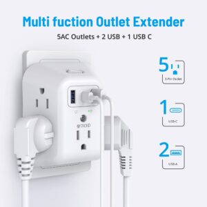 TROND Surge Protector Outlet Extender - 5 Outlet Splitter with 3 USB Ports (1 USB C), Multi Plug Outlet Expander with ON/Off Switch, 3 Sided Multiple Wall Plug Power Strip for Home Travel Office