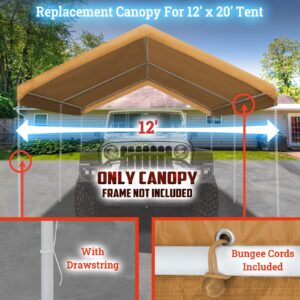 YardGrow 12x20ft Carport Canopy Replacement Cover Garage Tent Tarp Waterproof & UV Protected with Bungees, Frame Not Included (Tan)