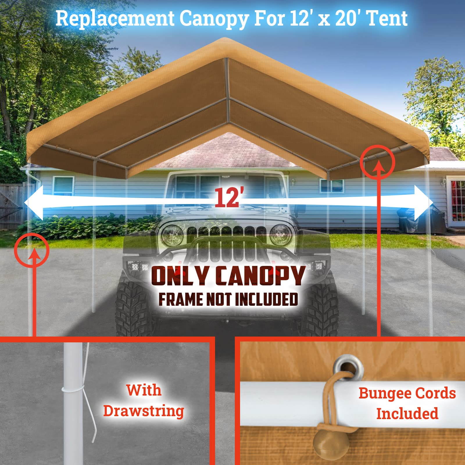 YardGrow 12x20ft Carport Canopy Replacement Cover Garage Tent Tarp Waterproof & UV Protected with Bungees, Frame Not Included (Tan)