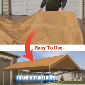 YardGrow 12x20ft Carport Canopy Replacement Cover Garage Tent Tarp Waterproof & UV Protected with Bungees, Frame Not Included (Tan)