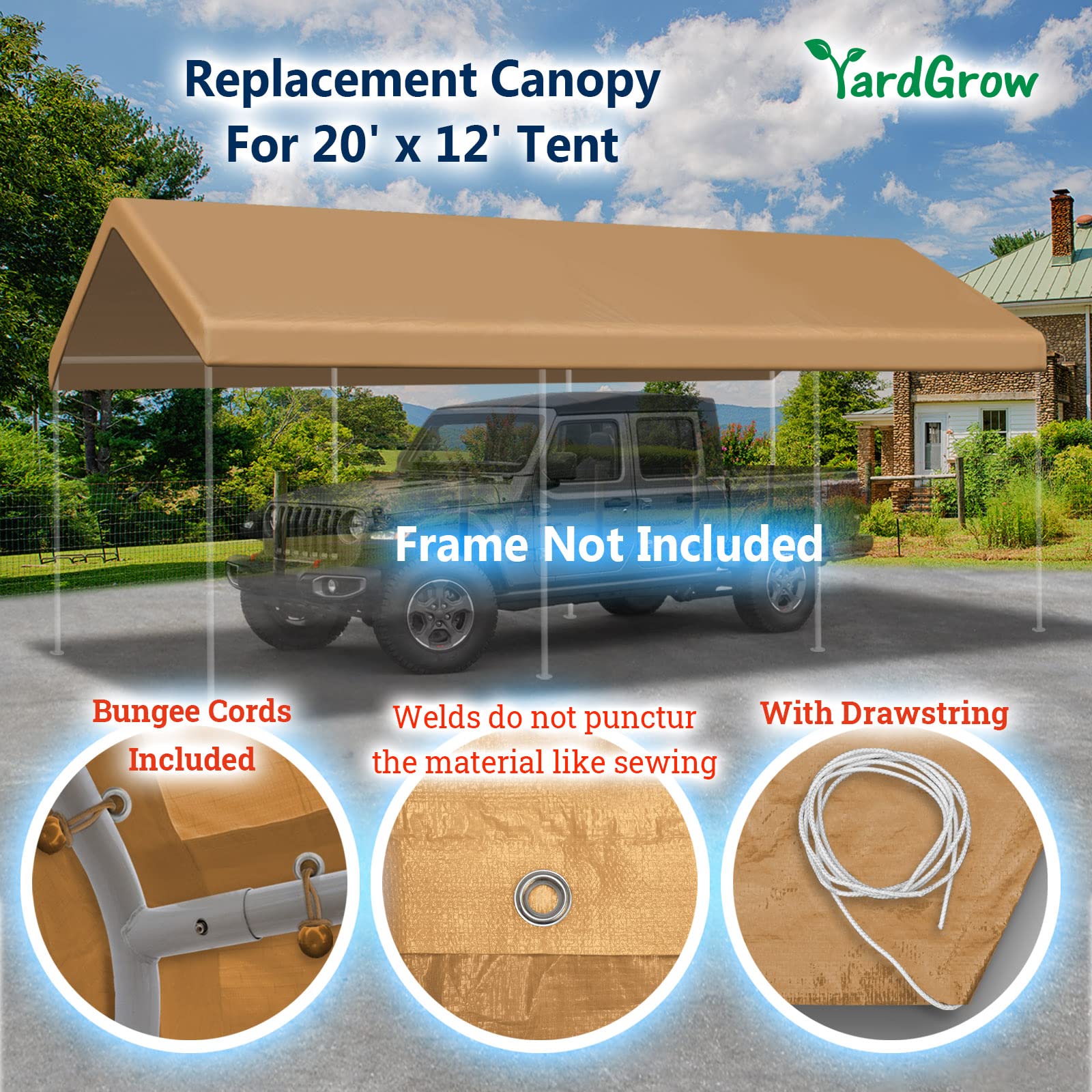 YardGrow 12x20ft Carport Canopy Replacement Cover Garage Tent Tarp Waterproof & UV Protected with Bungees, Frame Not Included (Tan)