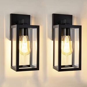 outdoor lights fixtures wall mount lantern for house patio exterior wall sconce light fixture with clear glass shade wall lights matte black aluminum e26 wall lantern for porch garage doorway, 2 pack