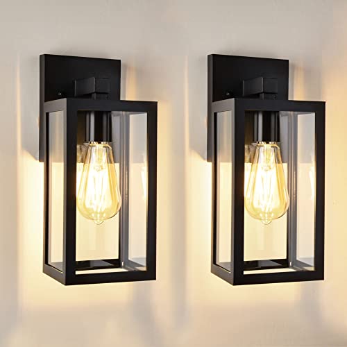 Outdoor Lights Fixtures Wall Mount Lantern for House Patio Exterior Wall Sconce Light Fixture with Clear Glass Shade Wall lights Matte Black Aluminum E26 Wall Lantern for Porch Garage Doorway, 2 Pack