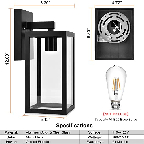 Outdoor Lights Fixtures Wall Mount Lantern for House Patio Exterior Wall Sconce Light Fixture with Clear Glass Shade Wall lights Matte Black Aluminum E26 Wall Lantern for Porch Garage Doorway, 2 Pack