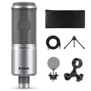 donner condenser microphone, recording microphone for vocal, instruments & music, podcast xlr microphone for beginners with pop filter, shock mount, optimized frequency, ideal for home studio, dc-20