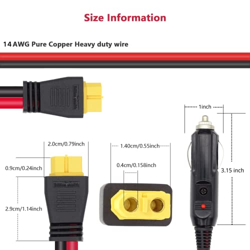 XT60 Extension Cable Cigarette Plug Extension Cable XT60 to Cigarette Plug 10Feet 14AWG XT60 Adpter Cable Compatible with Solar Panel RV Portable Power Station Solar Generator