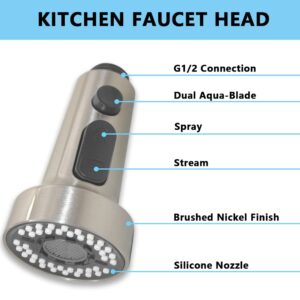 Hooshing Kitchen Sink Faucet Head Replacement 3 Function Pull Down Faucet Sprayer Head Nozzle Kitchen Faucet Head Hose Spray Tap Spout Only for G1/2 Connector, Brushed Nickel