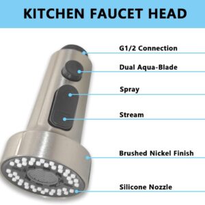 Hooshing Kitchen Sink Faucet Head Replacement 3 Function Pull Down Faucet Sprayer Head Nozzle Kitchen Faucet Head Hose Spray Tap Spout Only for G1/2 Connector, Brushed Nickel