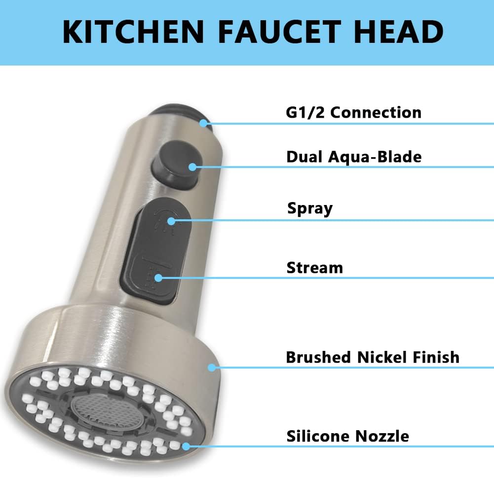 Hooshing Kitchen Sink Faucet Head Replacement 3 Function Pull Down Faucet Sprayer Head Nozzle Kitchen Faucet Head Hose Spray Tap Spout Only for G1/2 Connector, Brushed Nickel