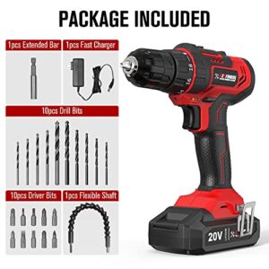 KEYFINOOL 20V Lithium-Ion Cordless Drill Set, 18+1 Power Drill Kit With 2.0Ah Battery & 1H Fast Charger, 2-Variable Speeds, 265 In-lbs Torque Power, LED Light, 22pcs Driver/Drill Bits