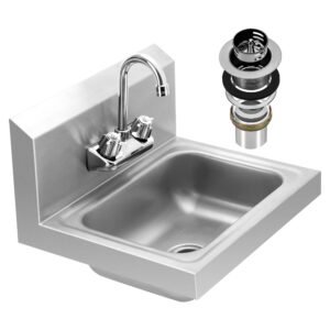 bieama 17" x 15" wall mount stainless steel sink, nsf commercial hand basin, strainer and faucet included for home, stores, restaurants, bars, etc